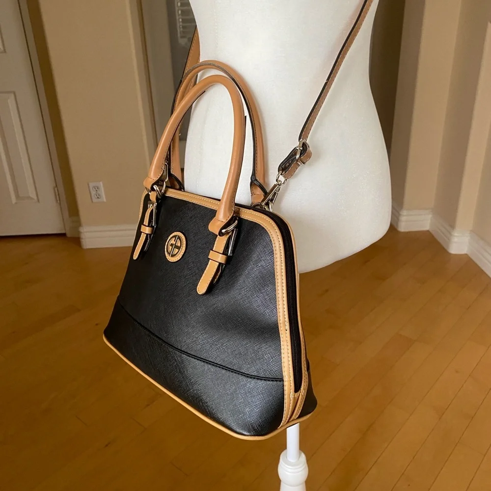 Giani Bernini Black and Tan Satchel with Dome Shape and Gold Hardware